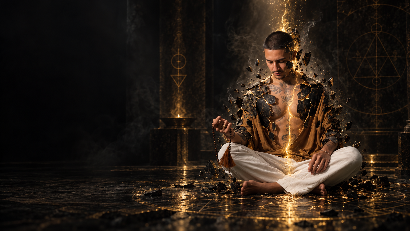 A figure in meditation as the old shell breaks away in gold light